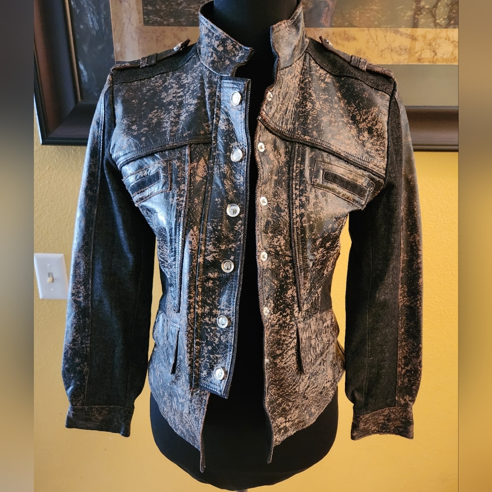 Unique vintage brown and black leather with black denim jacket size small